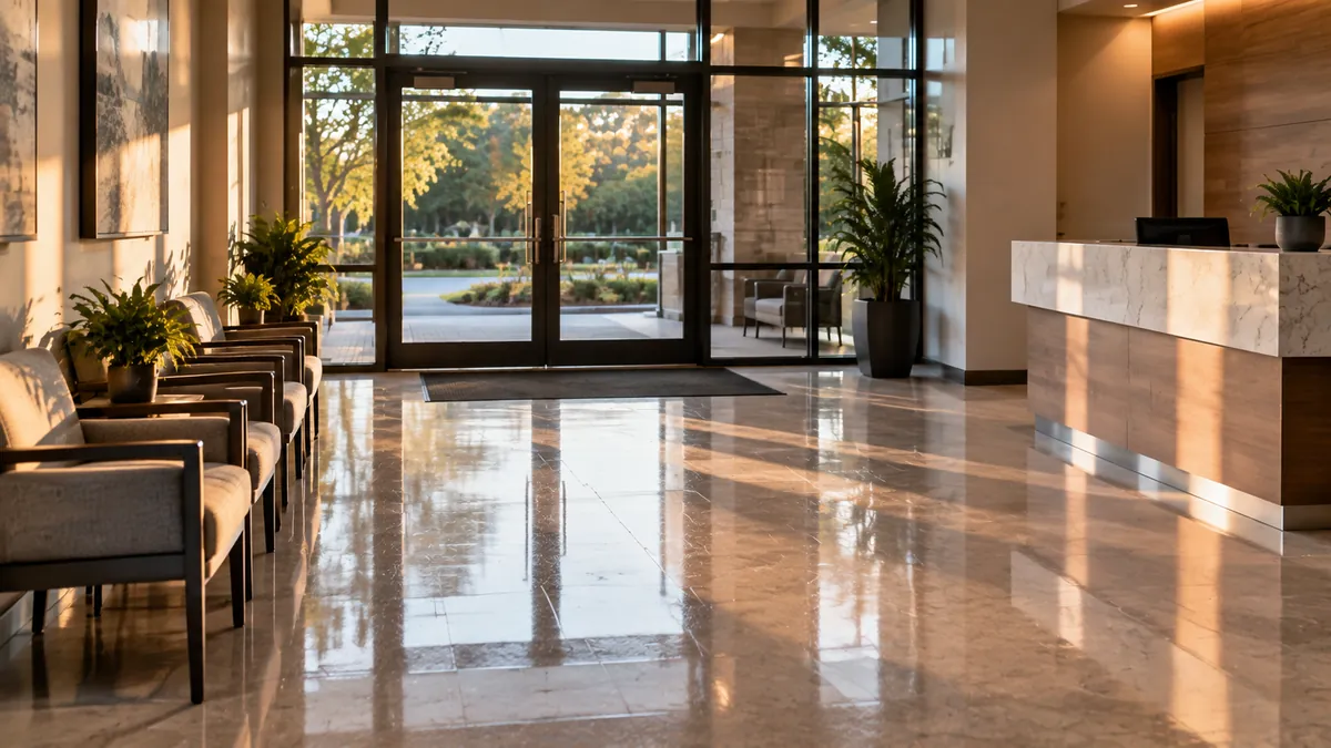 A small office lobby after a nightly cleaning, glass entry door streak free and the carpet vacuumed in straight rows