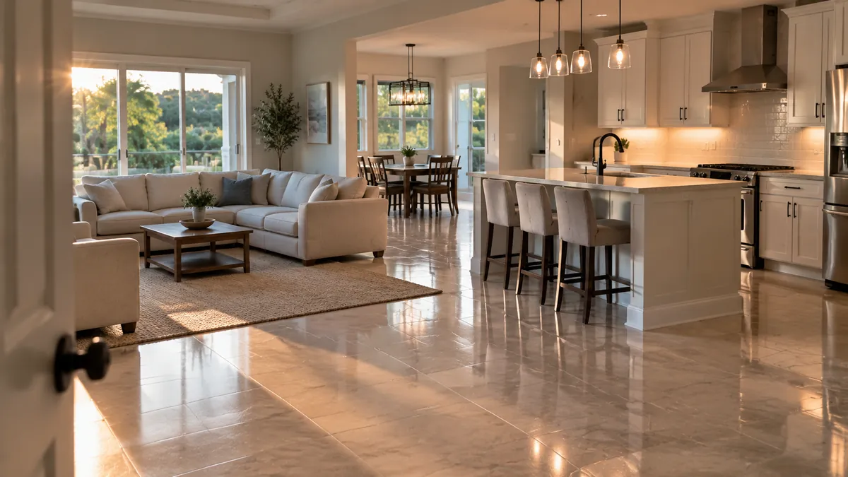 A wide view of an open-plan home interior after cleaning, the kitchen and living room in one sightline, floors gleaming and every surface clear